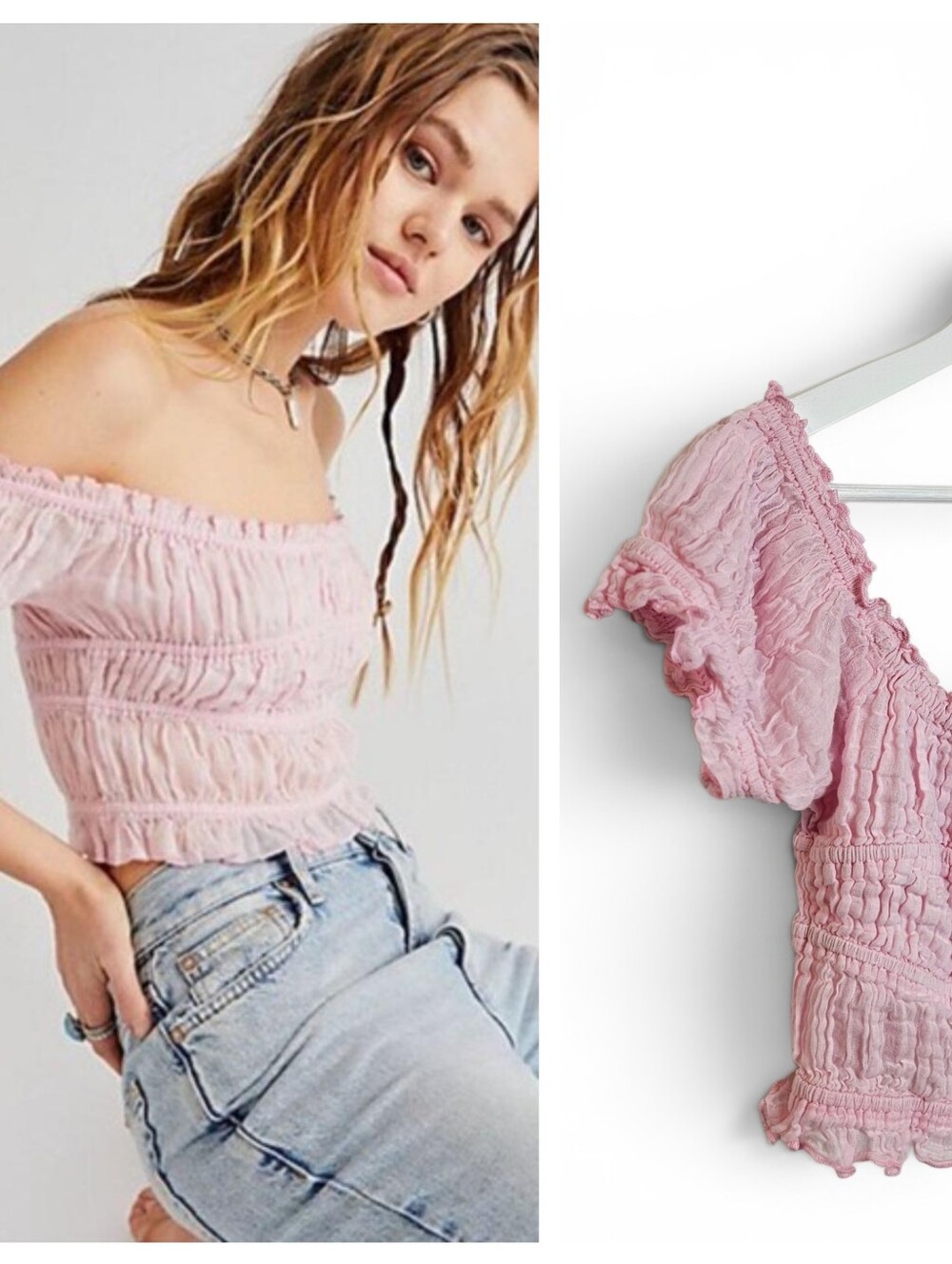 FP One Cheri Top M Pink Off Shoulder Smocked Boho Festival Crop Top
